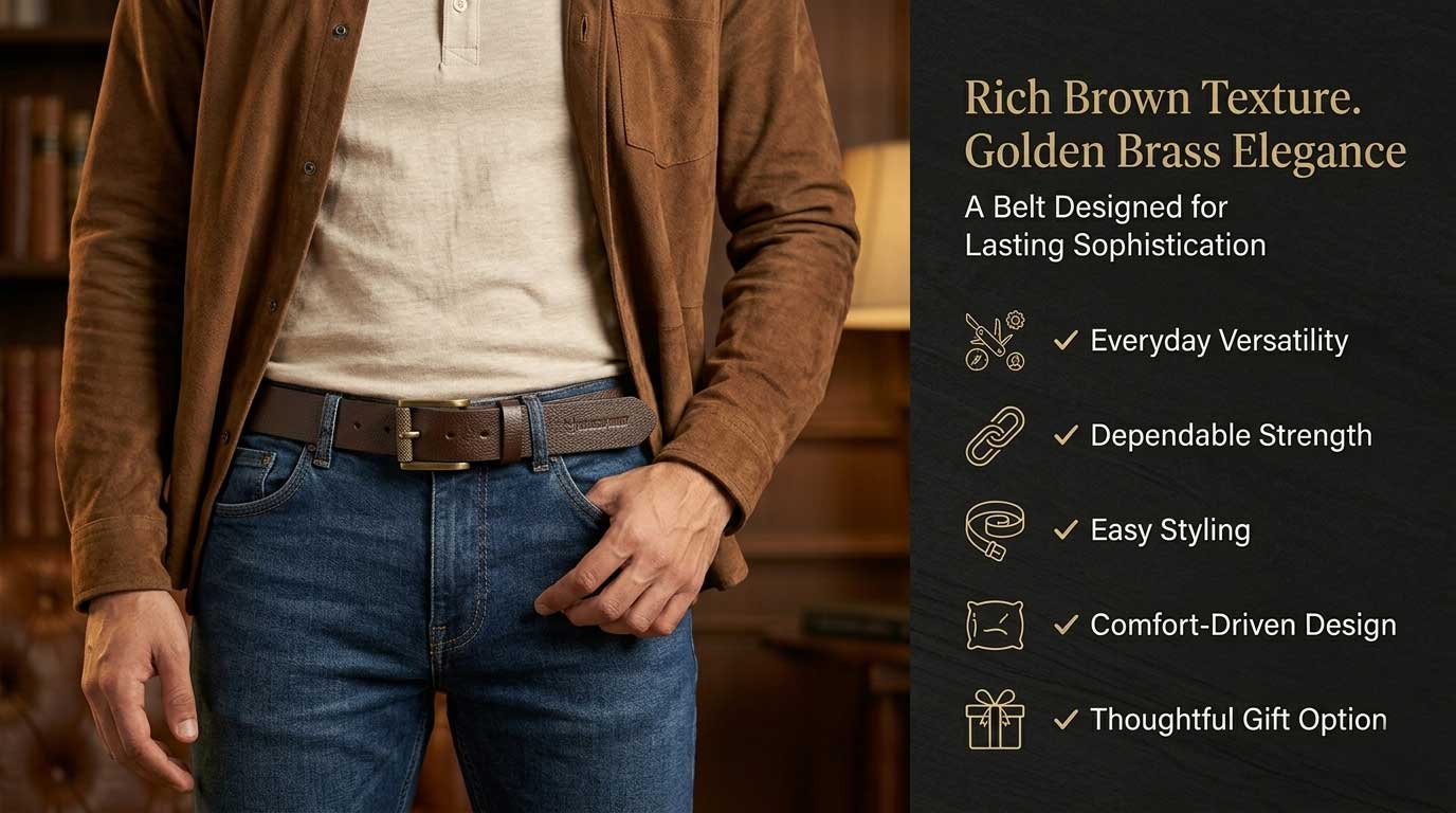 Genuine Classic Brown Leather Belt with Golden Brass Metal Buckle – Crabby Hunt