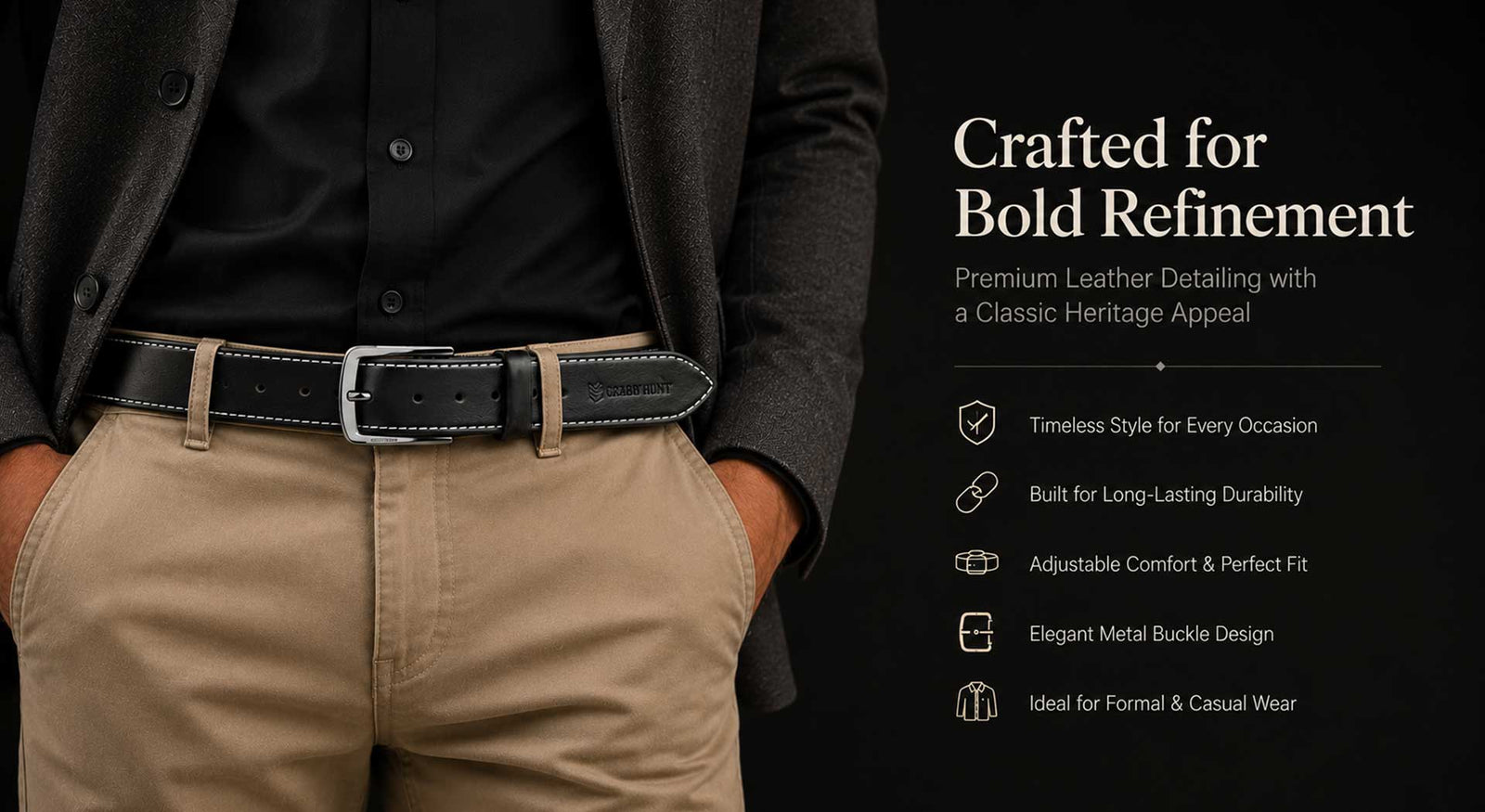 Crabby Hunt Black Leather Belt for Men – Premium Genuine Leather with Thread Stitch Design, Formal & Casual