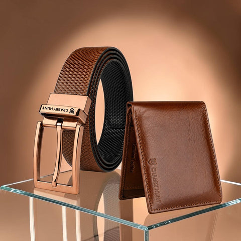 Crabby Hunt Premium Leather Belt & Wallet Combo Set – Light Brown Orbit Square Choco Belt & Brown Wallet (Without Coin Pocket)