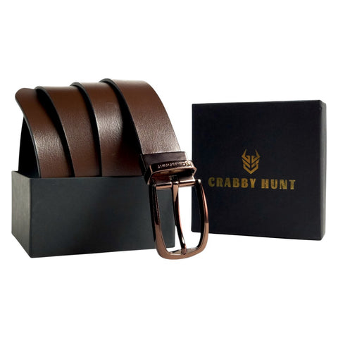 Crabby Hunt Men’s Reversible Leather Belt with Choco Gold Buckle