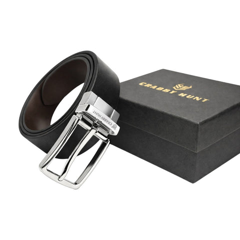 Crabby Hunt Men’s Genuine Leather Reversible Belt with Mild Silver Buckle
