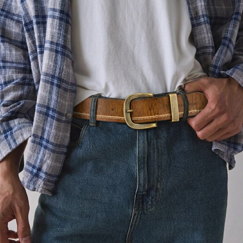 Crabby Hunt Vintage Brown Genuine Leather Belt for Men | Antique Brass Buckle | Casual & Formal Wear
