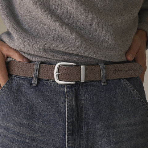 CRABBY HUNT Textured Genuine Leather Belt for Men | Premium Woven Pattern Casual Belt with Metal Pin Buckle – Brown