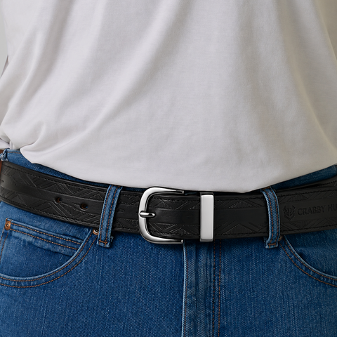 Crabby Hunt Black Patterned Genuine Leather Belt for Men – Premium Quality, Artistic Design, Durable & Sophisticated