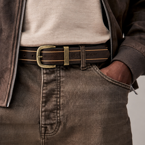 Crabby Hunt Vintage Brown Leather Belt with Beige Stripe & Antique Brass Buckle