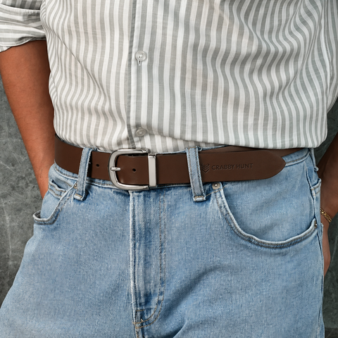 Crabby Hunt Premium Smooth Brown Leather Belt with Gunmetal Round Buckle & High-Shine Metal