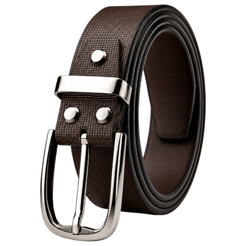 Crabby Hunt Men's Brown Leather Belt with Square Grid Texture & Gunmetal Round Buckle