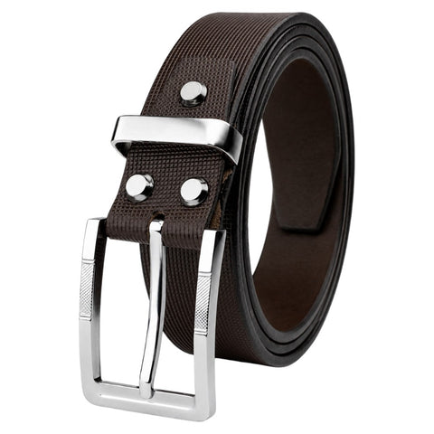Crabby Hunt Men's Genuine Leather Belt – Brown Square Grid Textured Strap with Square Metal Buckle