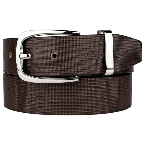 Crabby Hunt Men's Brown Leather Belt with Square Grid Texture & Gunmetal Round Buckle