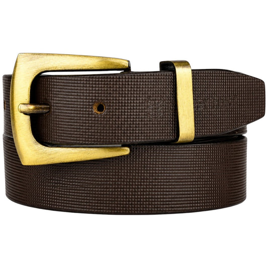 Crabby Hunt Premium Brown Leather Belt with Square Grid Texture & Golden Buckle | Formal & Casual Men's Belt