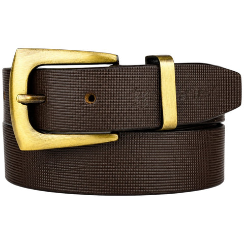 Crabby Hunt Premium Brown Leather Belt with Square Grid Texture & Golden Buckle | Formal & Casual Men's Belt