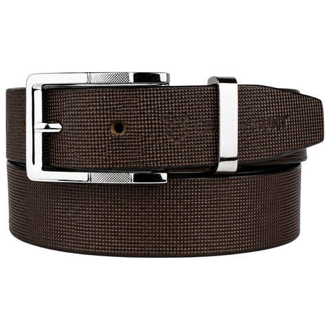 Crabby Hunt Men's Genuine Leather Belt – Brown Square Grid Textured Strap with Square Metal Buckle