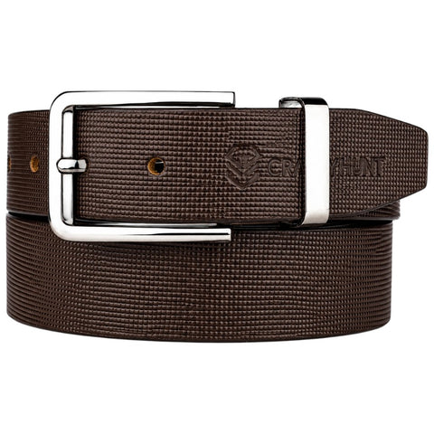 Carbby Hunt Men's Genuine Leather Belt – Brown Square Grid Texture with Silver Buckle | Formal & Casual Wear