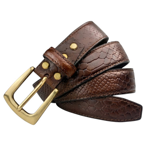 Brown Croco Embossed Genuine Leather Belt with Antique Brass Buckle | Premium Men's Formal & Casual Belt