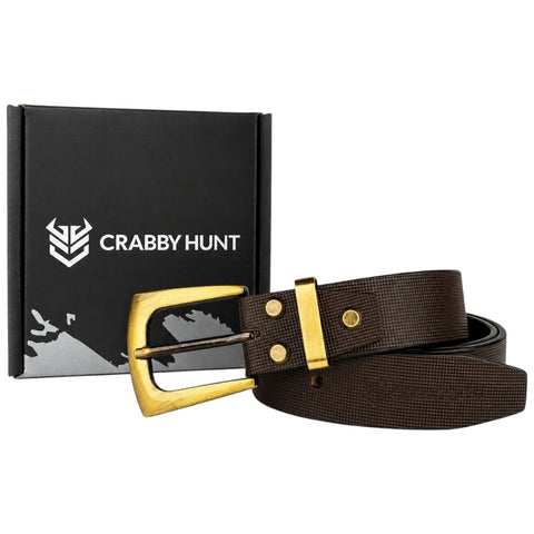 Crabby Hunt Premium Brown Leather Belt with Square Grid Texture & Golden Buckle | Formal & Casual Men's Belt