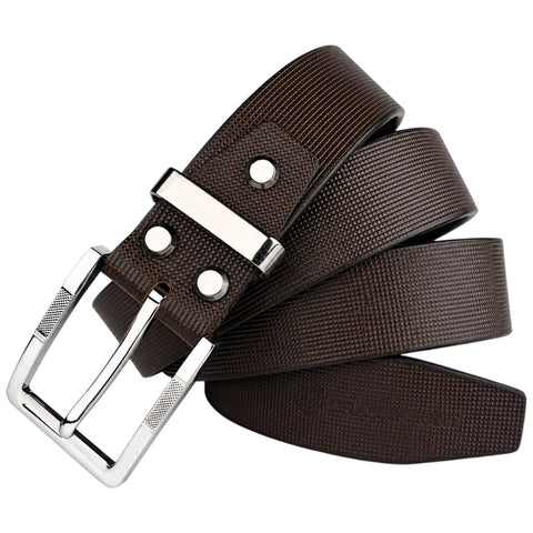 Crabby Hunt Men's Genuine Leather Belt – Brown Square Grid Textured Strap with Square Metal Buckle