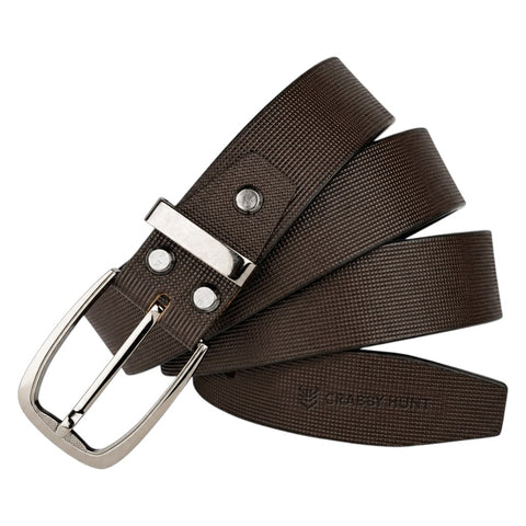 Crabby Hunt Men's Brown Leather Belt with Square Grid Texture & Gunmetal Round Buckle