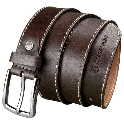 Crabby Hunt Men Genuine Leather Belt with Stitching | Dark Brown Formal & Casual Belt | Premium Thread Design