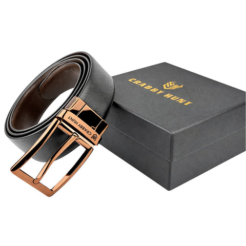 Crabby Hunt Reversible Leather Belt for Men – Dual-Tone Finish with Premium Metal Buckle