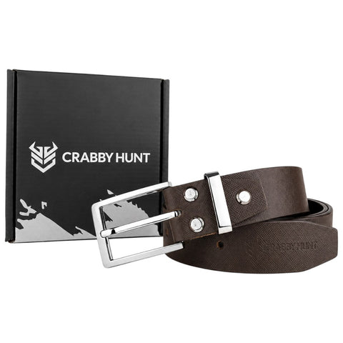 Crabby Hunt Premium Brown Textured Leather Belt with Silver Buckle