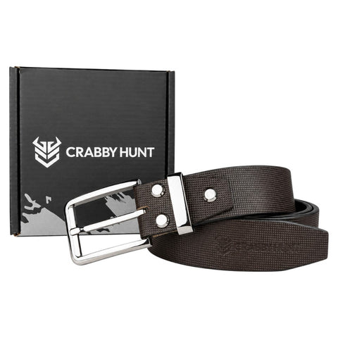 Carbby Hunt Men's Genuine Leather Belt – Brown Square Grid Texture with Silver Buckle | Formal & Casual Wear