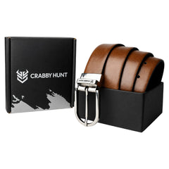 Crabby Hunt Men's Reversible Genuine Leather Belt with Metro Silver Round Buckle | Black & Brown Formal Belt
