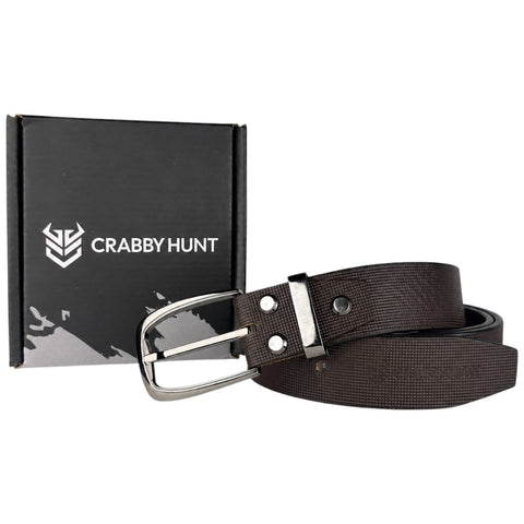 Crabby Hunt Men's Brown Leather Belt with Square Grid Texture & Gunmetal Round Buckle