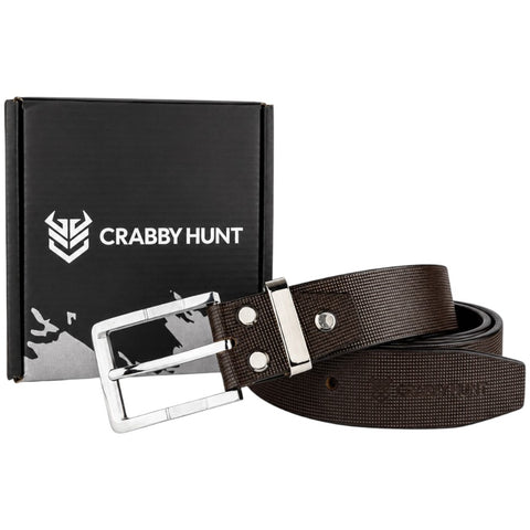 Crabby Hunt Men's Genuine Leather Belt – Brown Square Grid Textured Strap with Square Metal Buckle