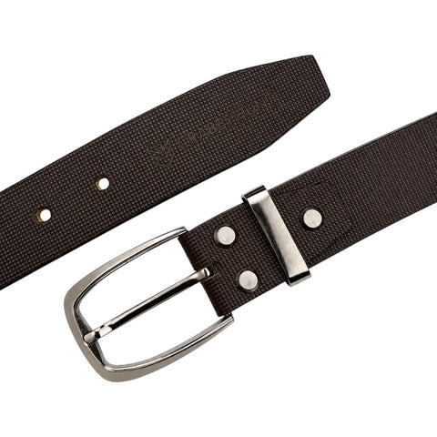 Crabby Hunt Men's Brown Leather Belt with Square Grid Texture & Gunmetal Round Buckle