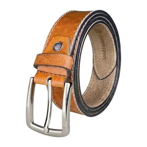 Men’s Tan Leather Wallet & Belt Set – Zipper Wallet with Side Stitch Detailing & Formal Belt | Crafted Edition