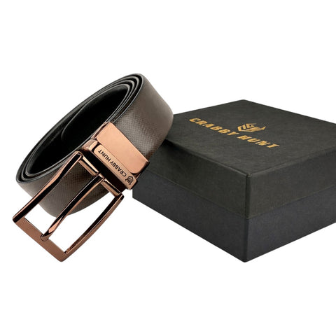Crabby Hunt Reversible Leather Belt for Men – Dual-Tone Finish with Premium Metal Buckle
