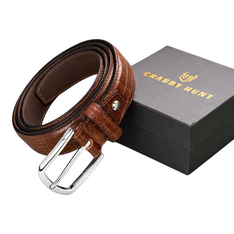 Crabby Hunt Brown Croco Pattern Genuine Leather Belt for Men