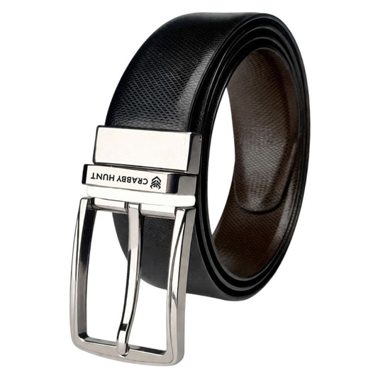 Crabby Hunt Reversible Men’s Leather Belt – Dual Color Black & Brown with Premium Metal Square Buckle